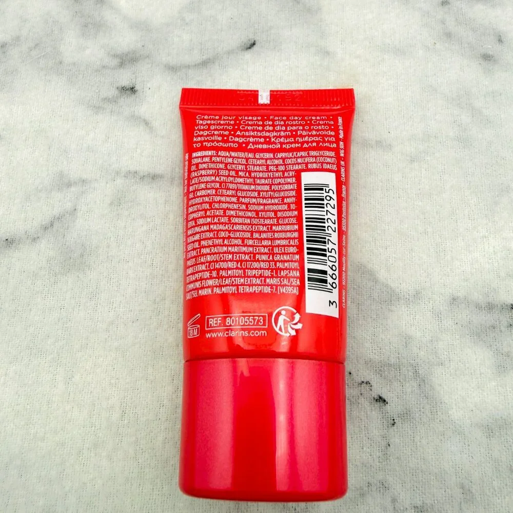 Clarins Beauty Gift Set-Red Pouch,Eye Cream,Face Cream,Cleanser&Mascara-5pc-NEW